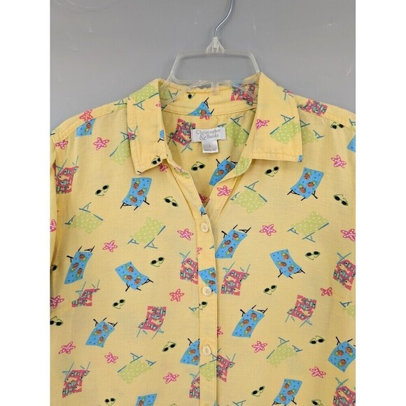 2008 Christopher & Banks Linen Blend Shirt Women Large Yellow Beach Motif Cruise - Picture 2 of 13